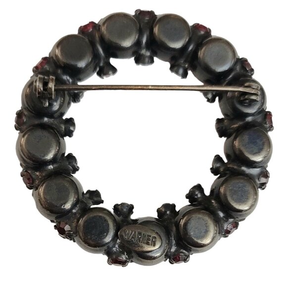 Joseph Warner Red Rhinestone Open Round Japanned Brooch Pin, Signed M173 - Picture 4 of 7